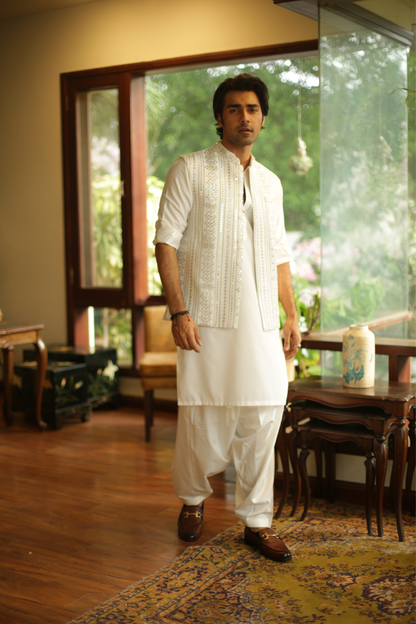 White Embroidered Foil Work Waistcoat