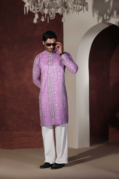 Purple Foil Work Kurta With Wide Leg Trouser