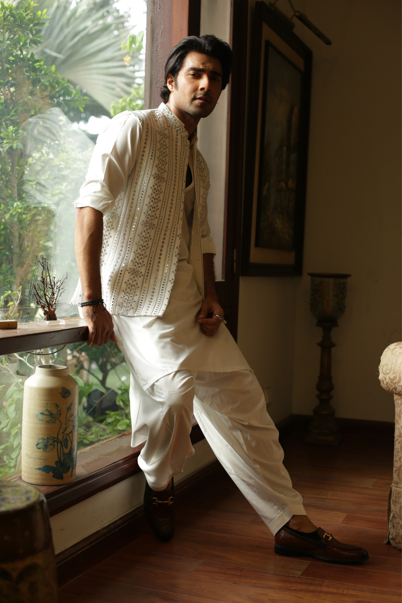 White Embroidered Foil Work Waistcoat