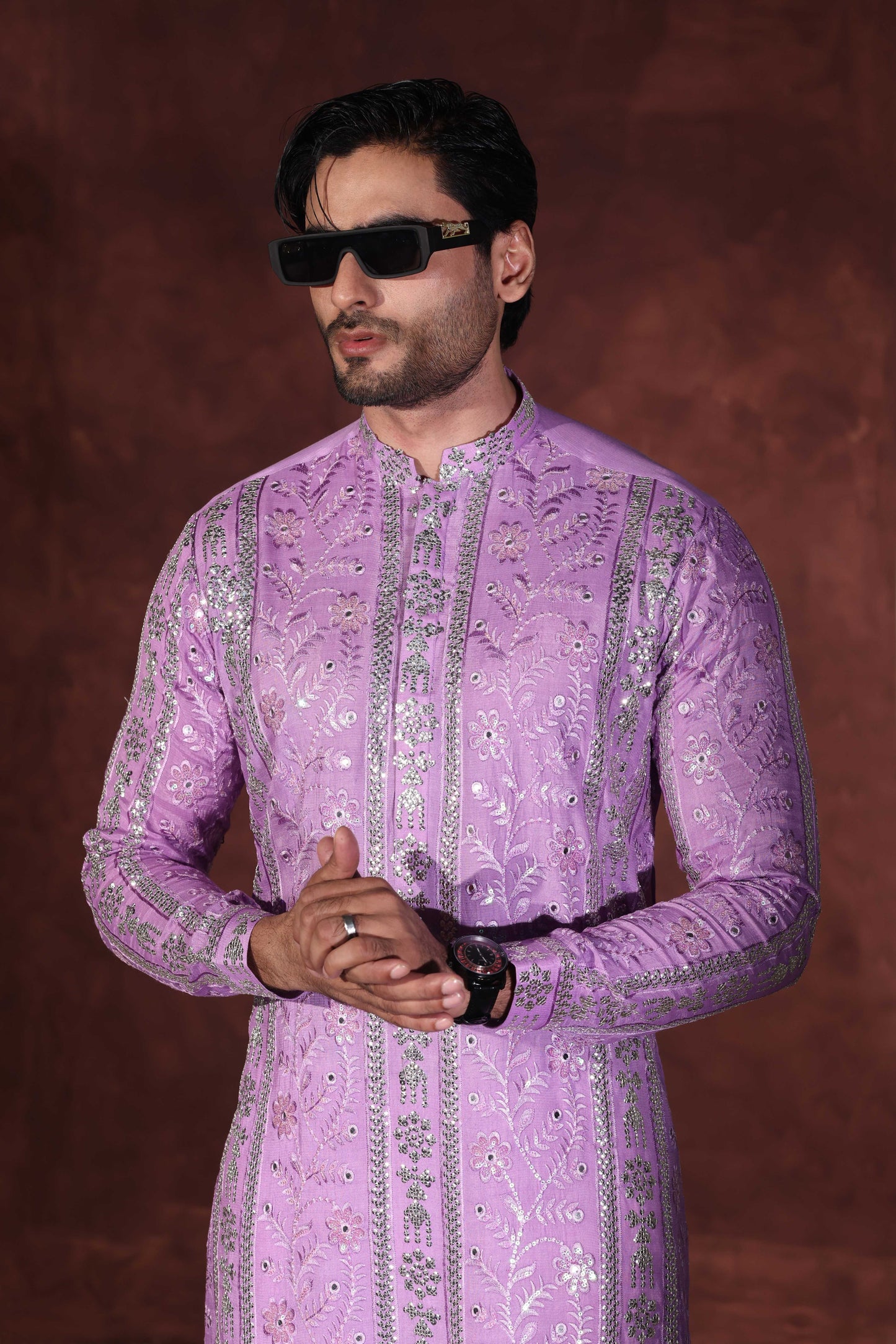 Purple Foil Work Kurta With Wide Leg Trouser