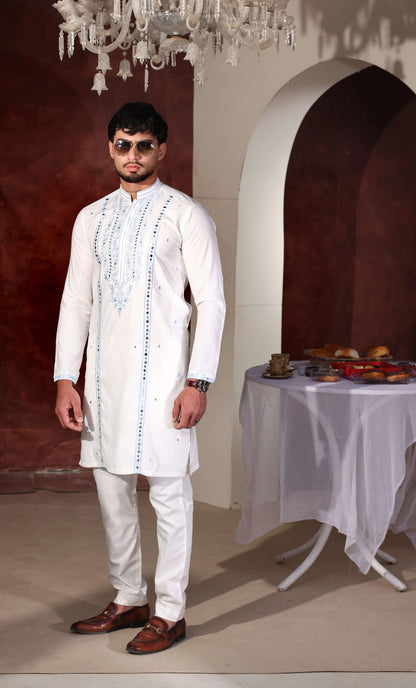 Mirror Work White Kurta Trouser