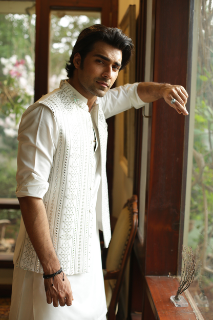 White Embroidered Foil Work Waistcoat