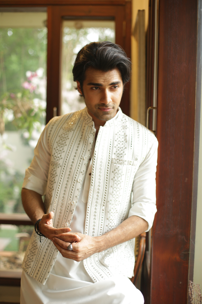 White Embroidered Foil Work Waistcoat