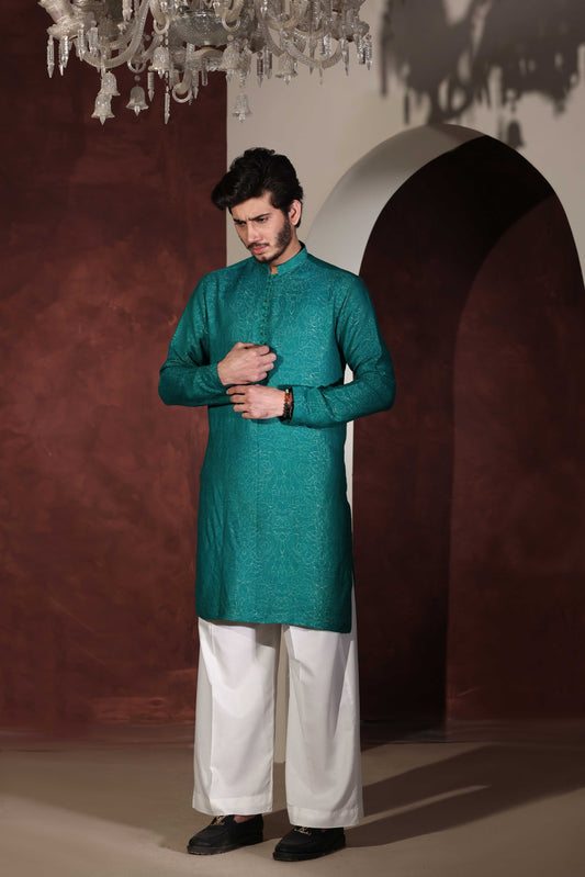 Teal Green Chikankari Kurta With Wide Leg Trouser
