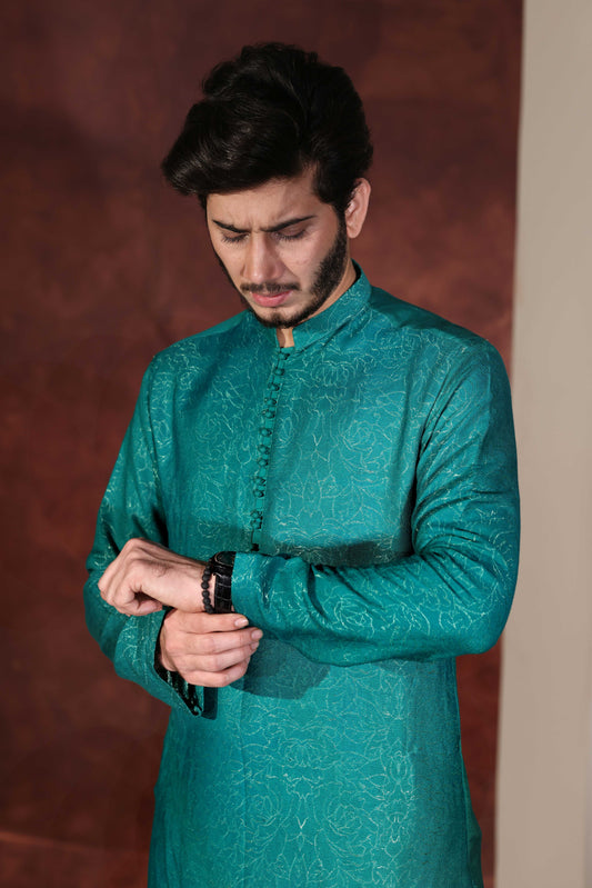 Teal Green Chikankari Kurta With Wide Leg Trouser