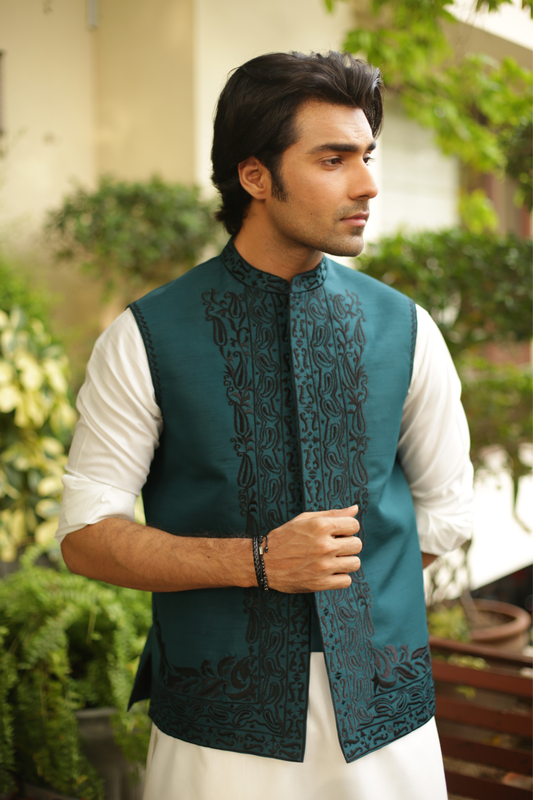 Dark Green Embroidered Waist Coat