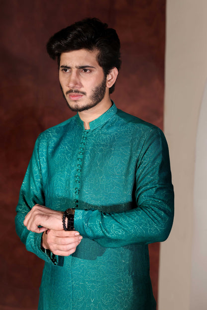 Teal Green Chikankari Kurta With Wide Leg Trouser