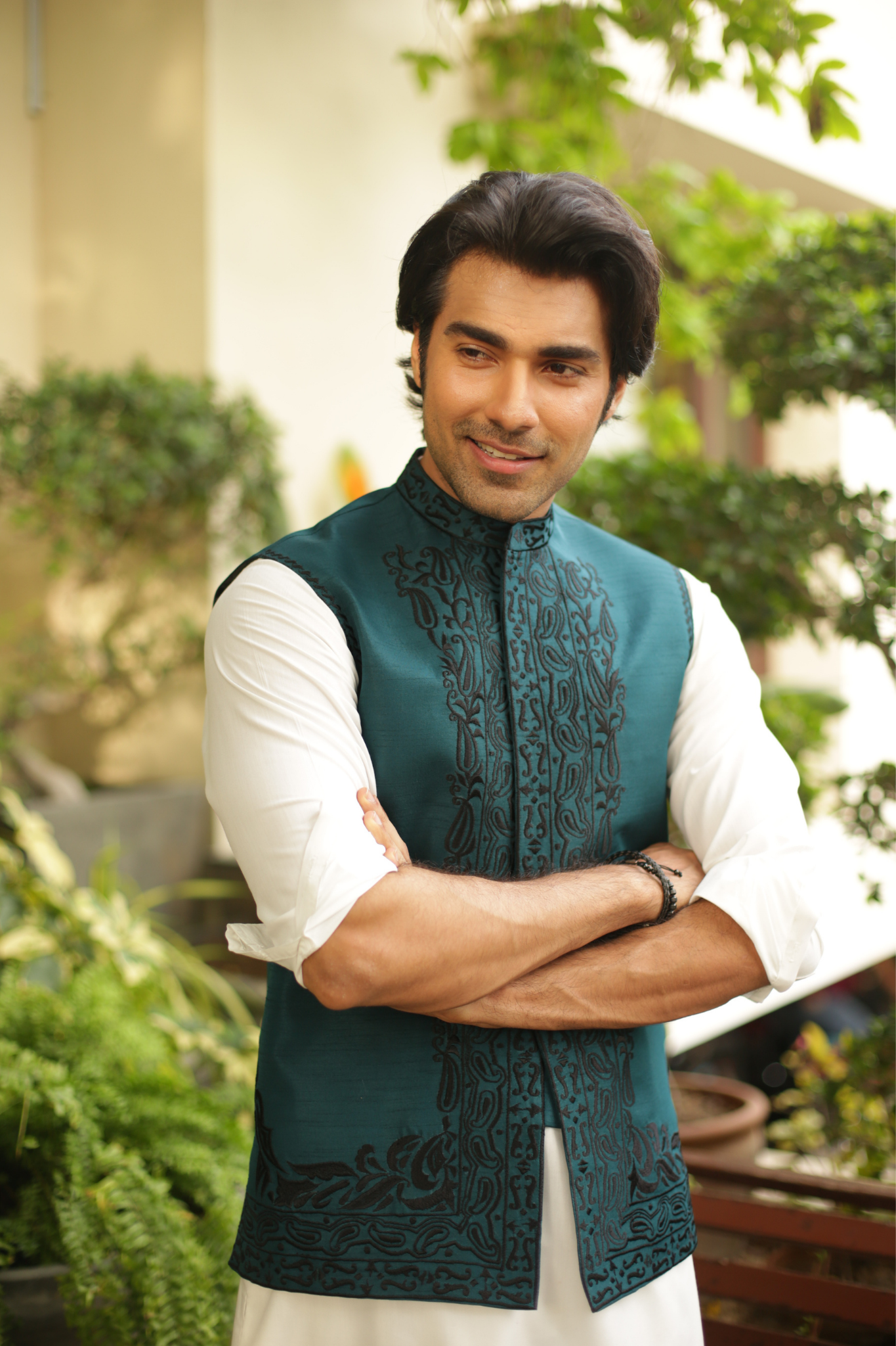 Dark Green Embroidered Waist Coat