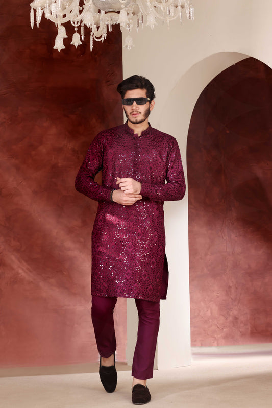 Burgundy Chikankari Kurta Pajama
