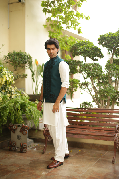 Dark Green Embroidered Waist Coat
