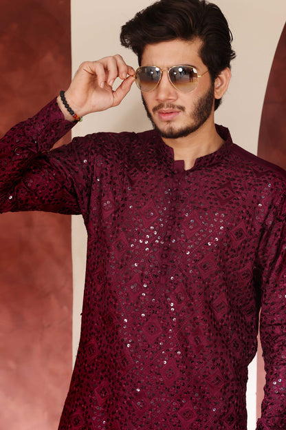 Burgundy Chikankari Kurta Pajama
