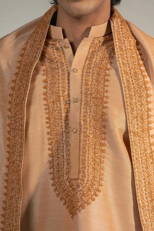 Rust Emb Kurta Pajama With Shawl