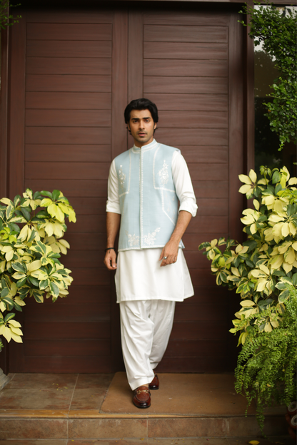 Cloud Blue Waist Coat For Wedding