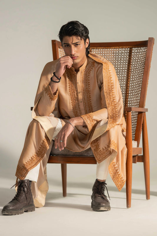 Rust Emb Kurta Pajama With Shawl