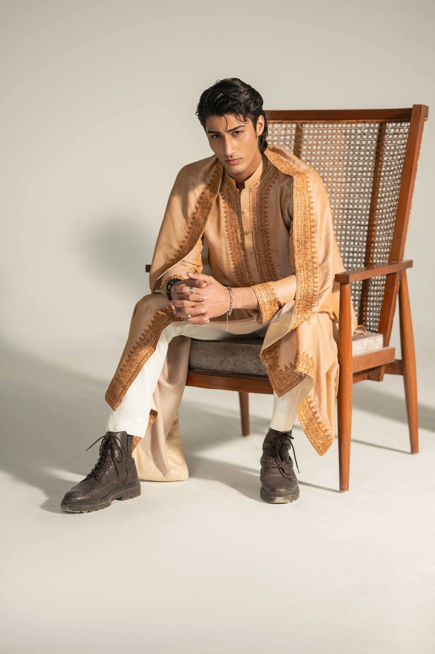Rust Emb Kurta Pajama With Shawl