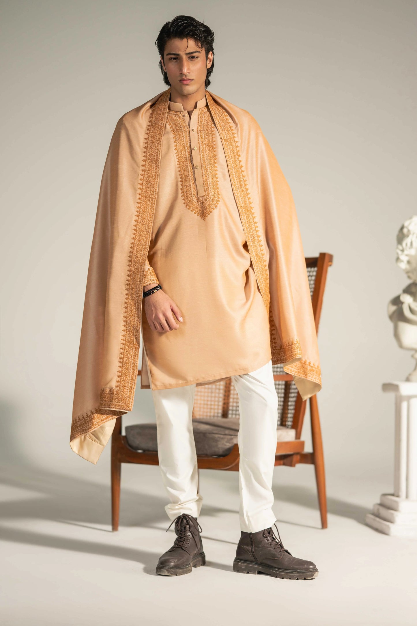 Rust Emb Kurta Pajama With Shawl