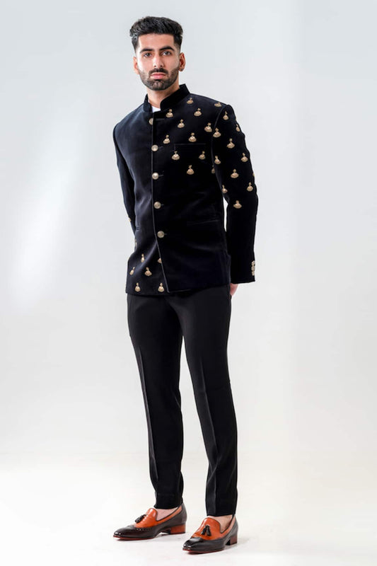 MC 118 Black Velvet Hand-Embroidered Prince Coat - Mashal Couture
