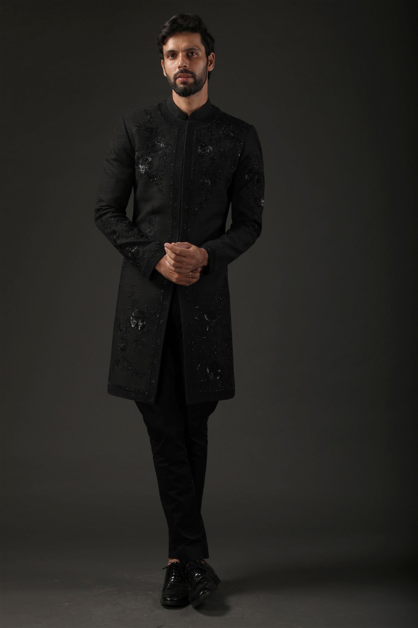 MC 527 Black Sherwani For Men - Mashal Couture
