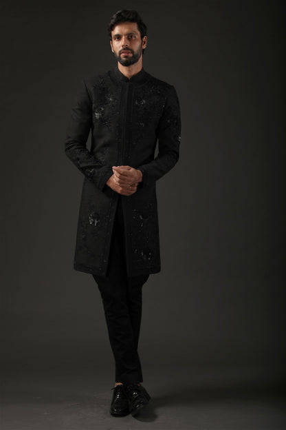 MC 527 Black Sherwani For Men - Mashal Couture