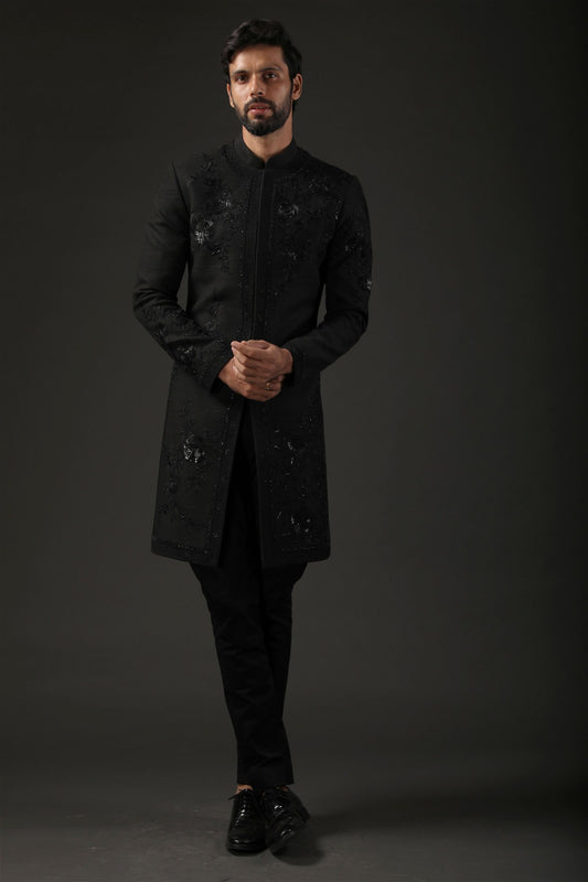 MC 527 Black Sherwani For Men - Mashal Couture