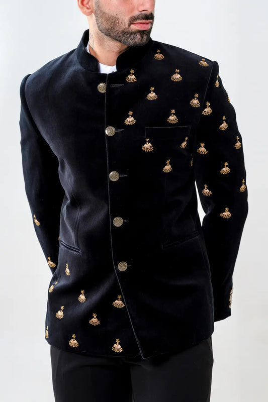 MC 118 Black Velvet Hand-Embroidered Prince Coat - Mashal Couture