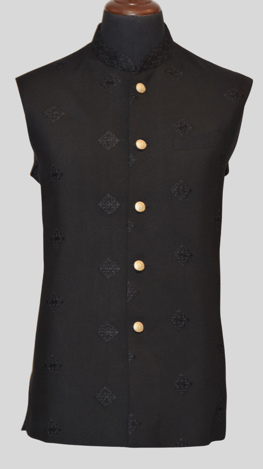 MC 115 Black Waistcoat with Gold Buttons For Men's - Mashal Couture