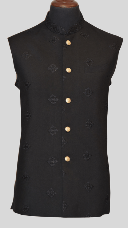 MC 115 Black Waistcoat with Gold Buttons For Men's - Mashal Couture