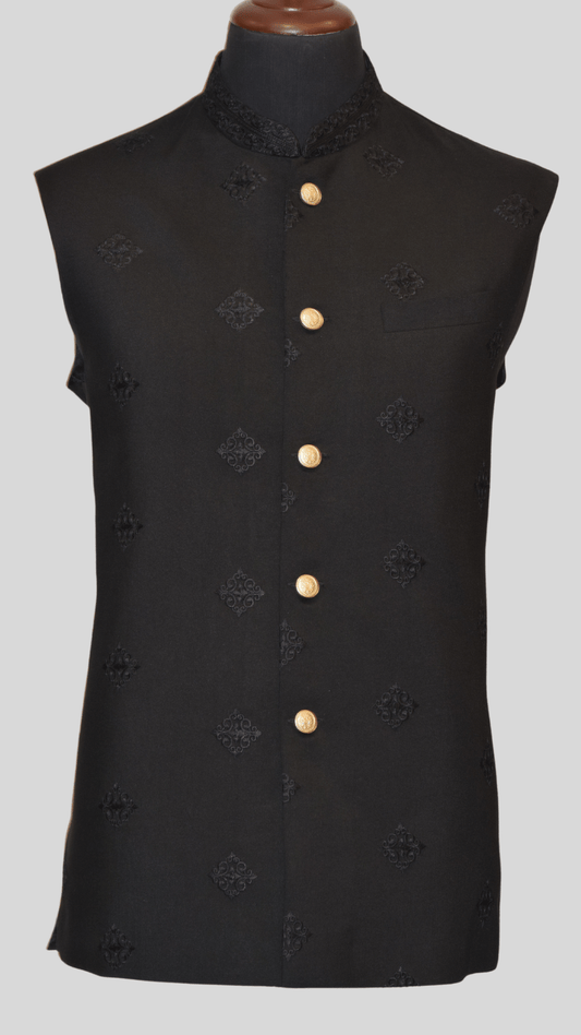 MC 115 Black Waistcoat with Gold Buttons For Men's - Mashal Couture