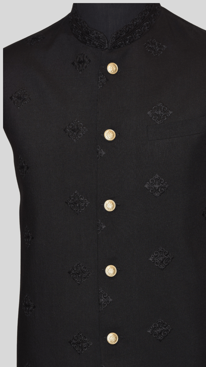 MC 115 Black Waistcoat with Gold Buttons For Men's - Mashal Couture