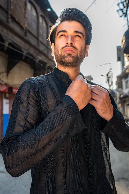 Black Chikan-kari Loop Button Sort Kurta Pajama