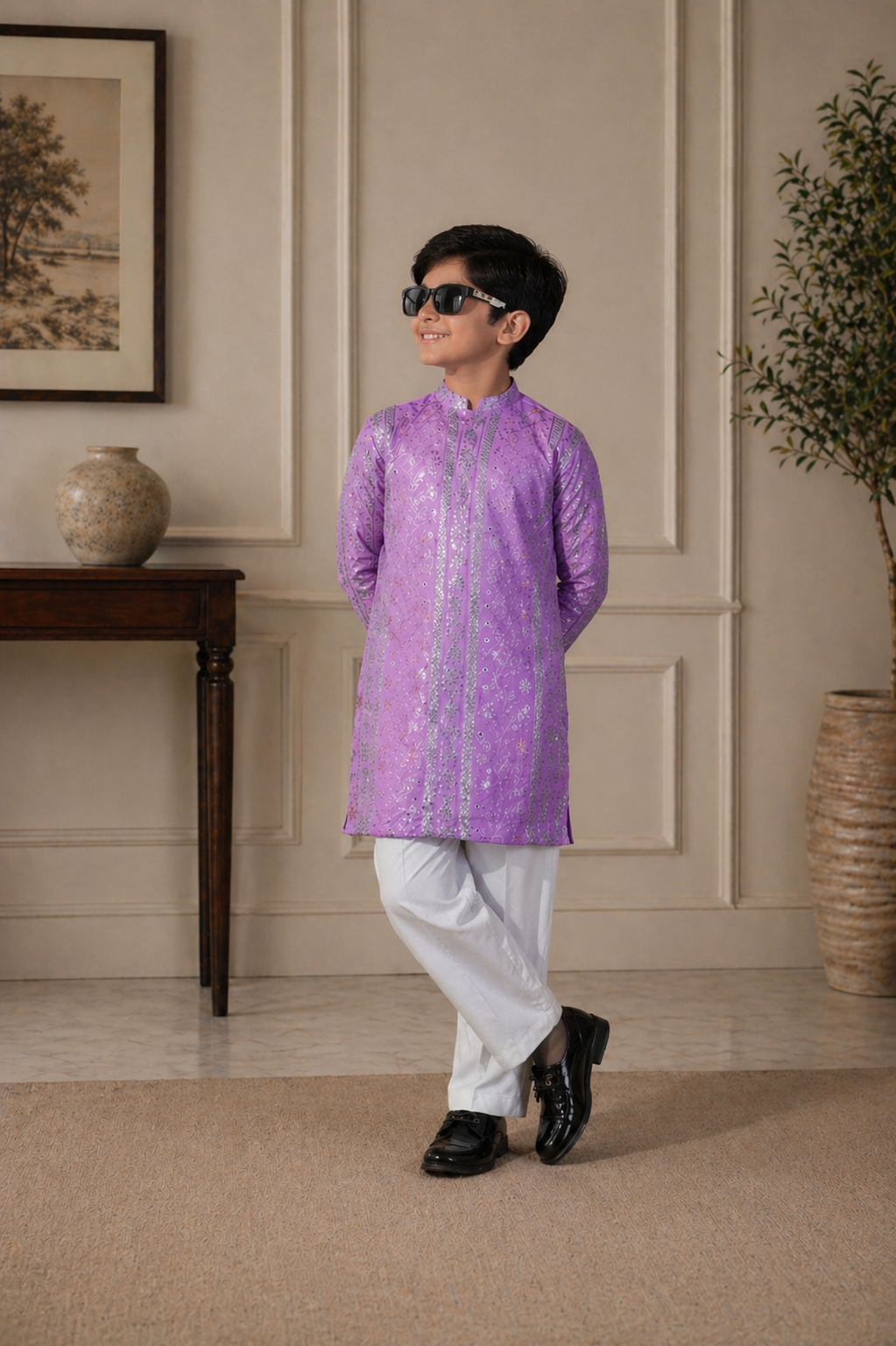 Boy wearing a purple kurta with white pants