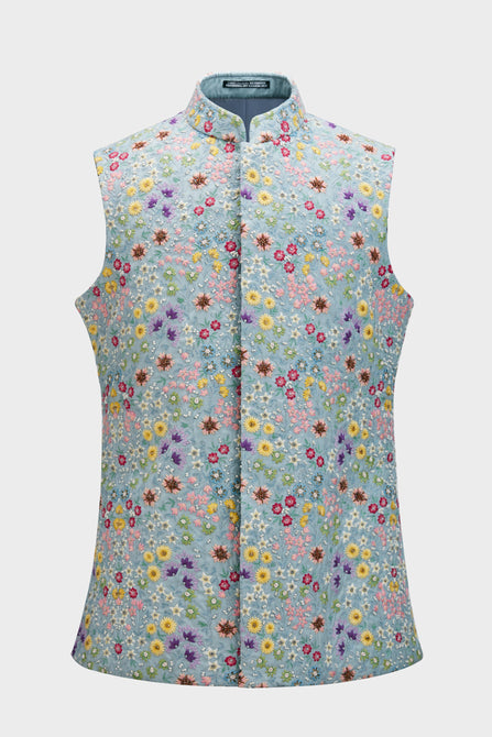 MC 111 Grey Embroidered Bundi WaistCoat For Men - Mashal Couture