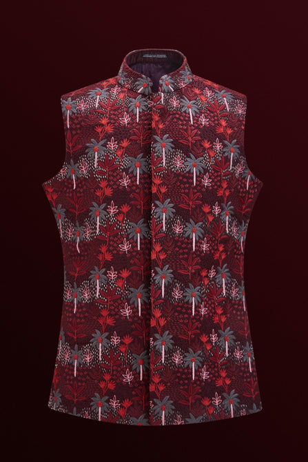 MC 108 Floral Maroon Waistcoat For Men - Mashal Couture