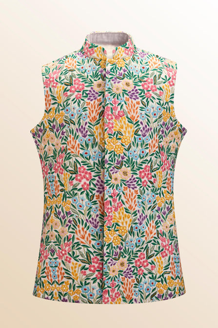 MC 109 Floral White Summer Waistcoat for Men at MashalCouture.com