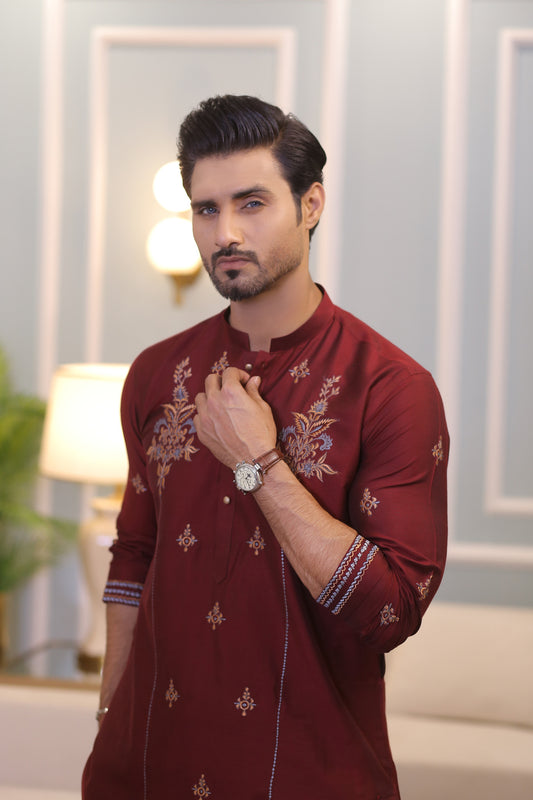 CK 20 Chikankari Mens Maroon Kurta Pakistan - Mashal Couture