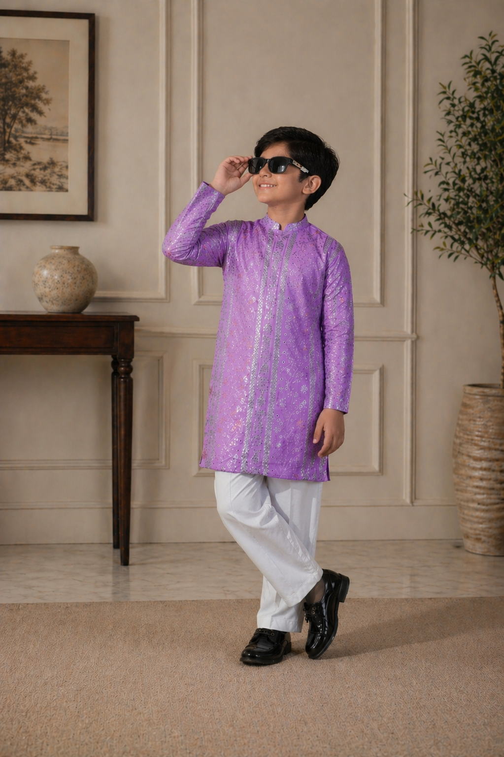 Child wearing a purple kurta with white pants