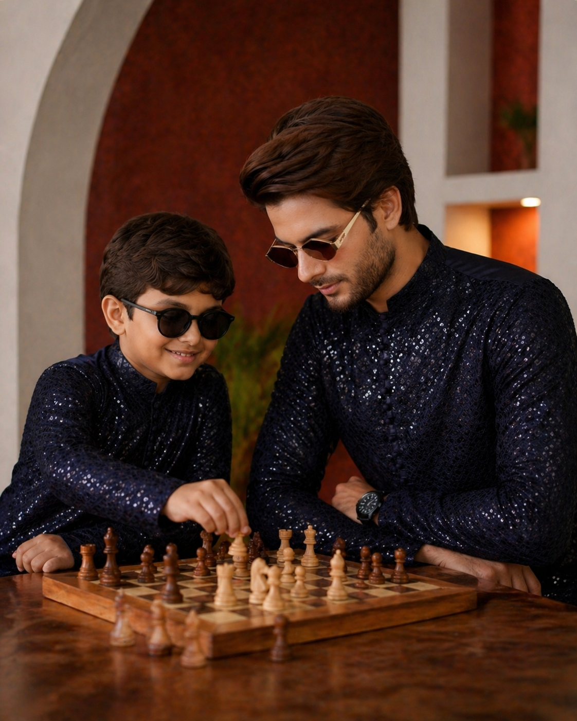 Father and Kid playing chess together in a warm indoor setting