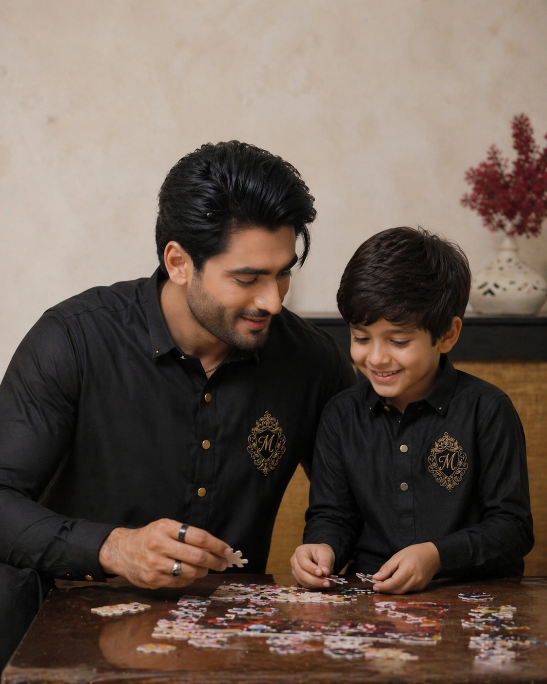 Father and Son in matching black shirts with a logo, working on a puzzle together.