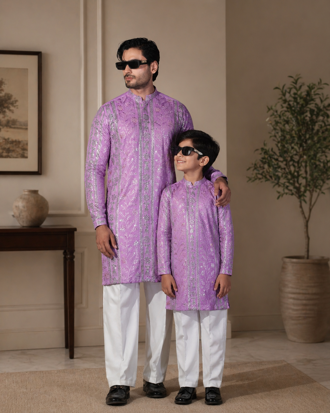 Father and Son in matching purple kurta sets