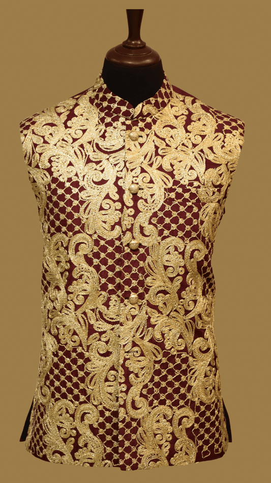 Formal Maroon Waistcoat For Mens - Mashal Couture