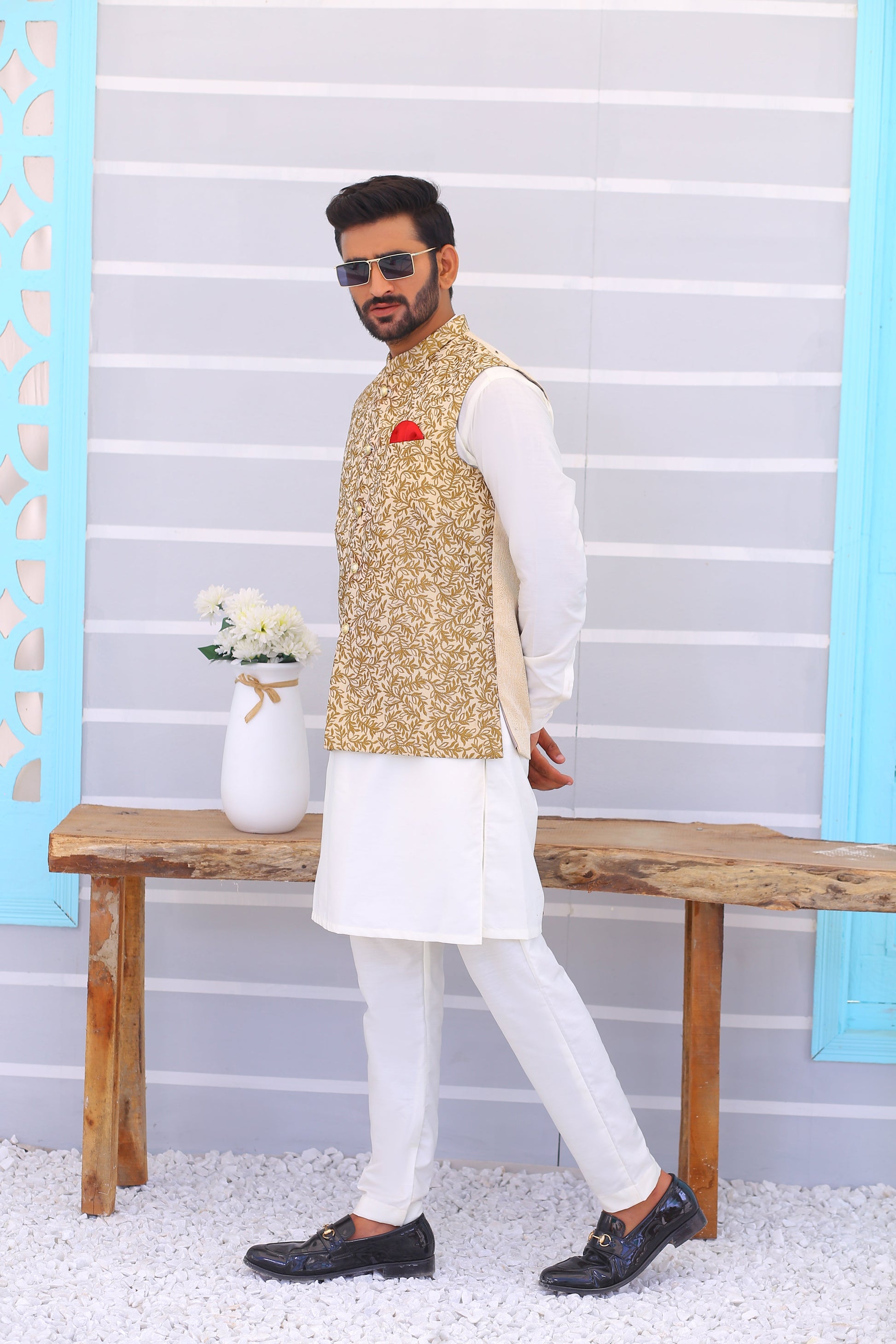 Golden Embroidered Waistcoat - Mashal Couture