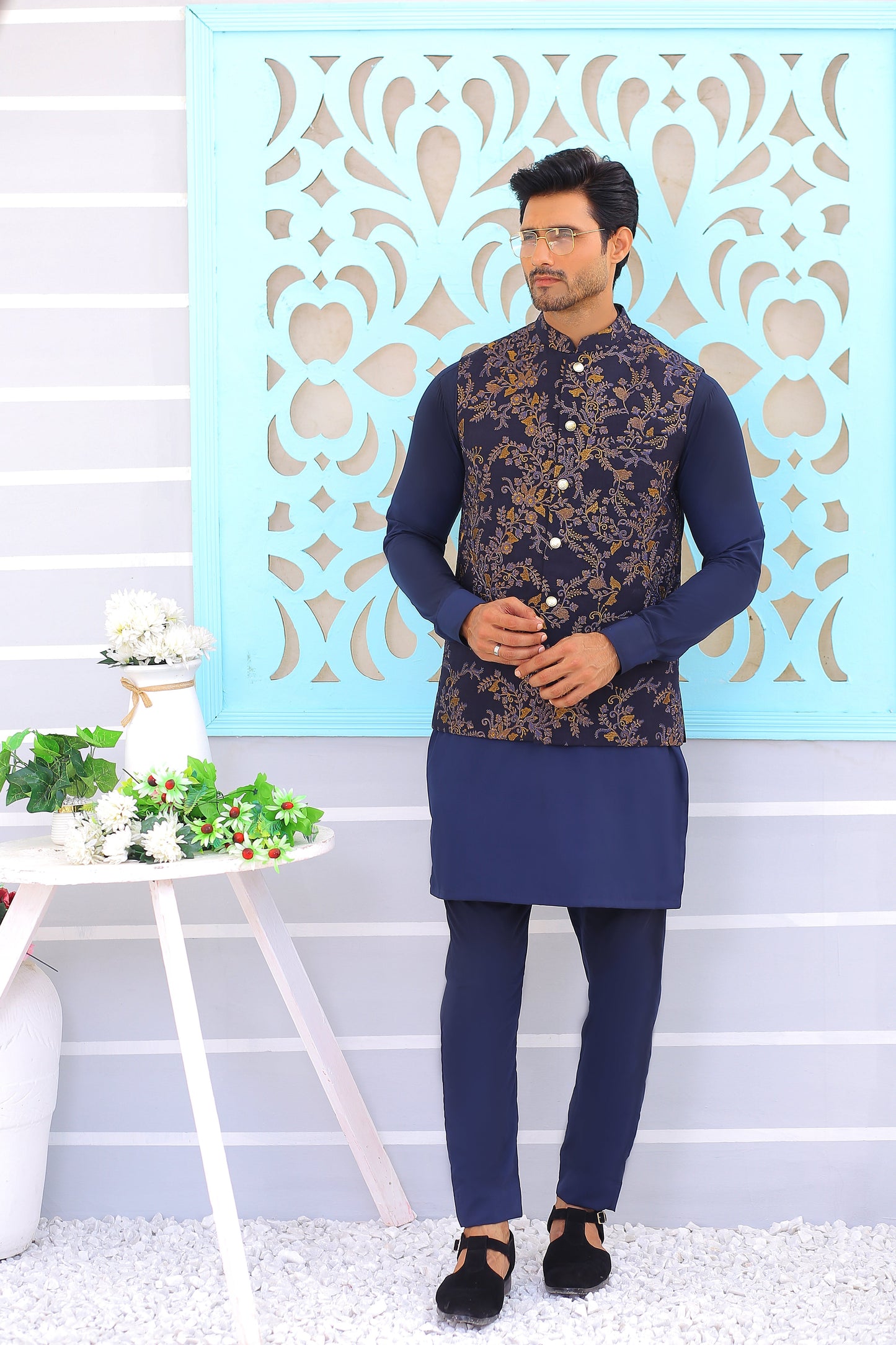 Navy Blue Embroidered Waistcoat