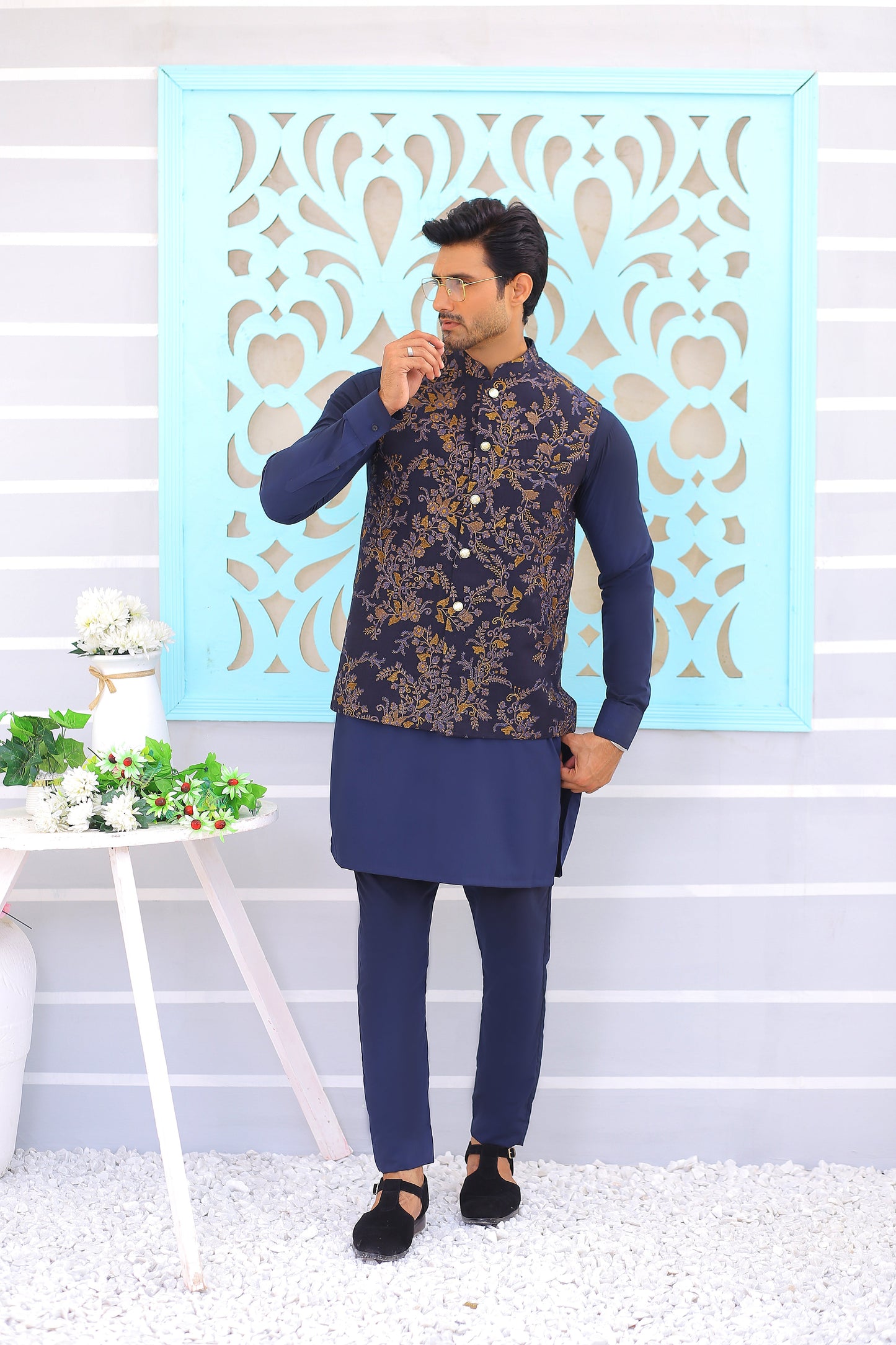 Navy Blue Embroidered Waistcoat
