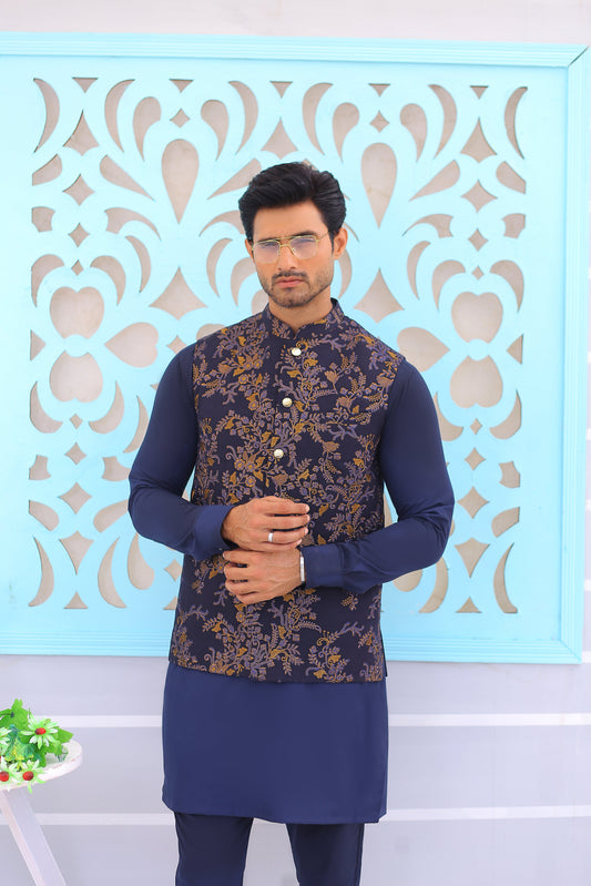 Navy Blue Embroidered Waistcoat