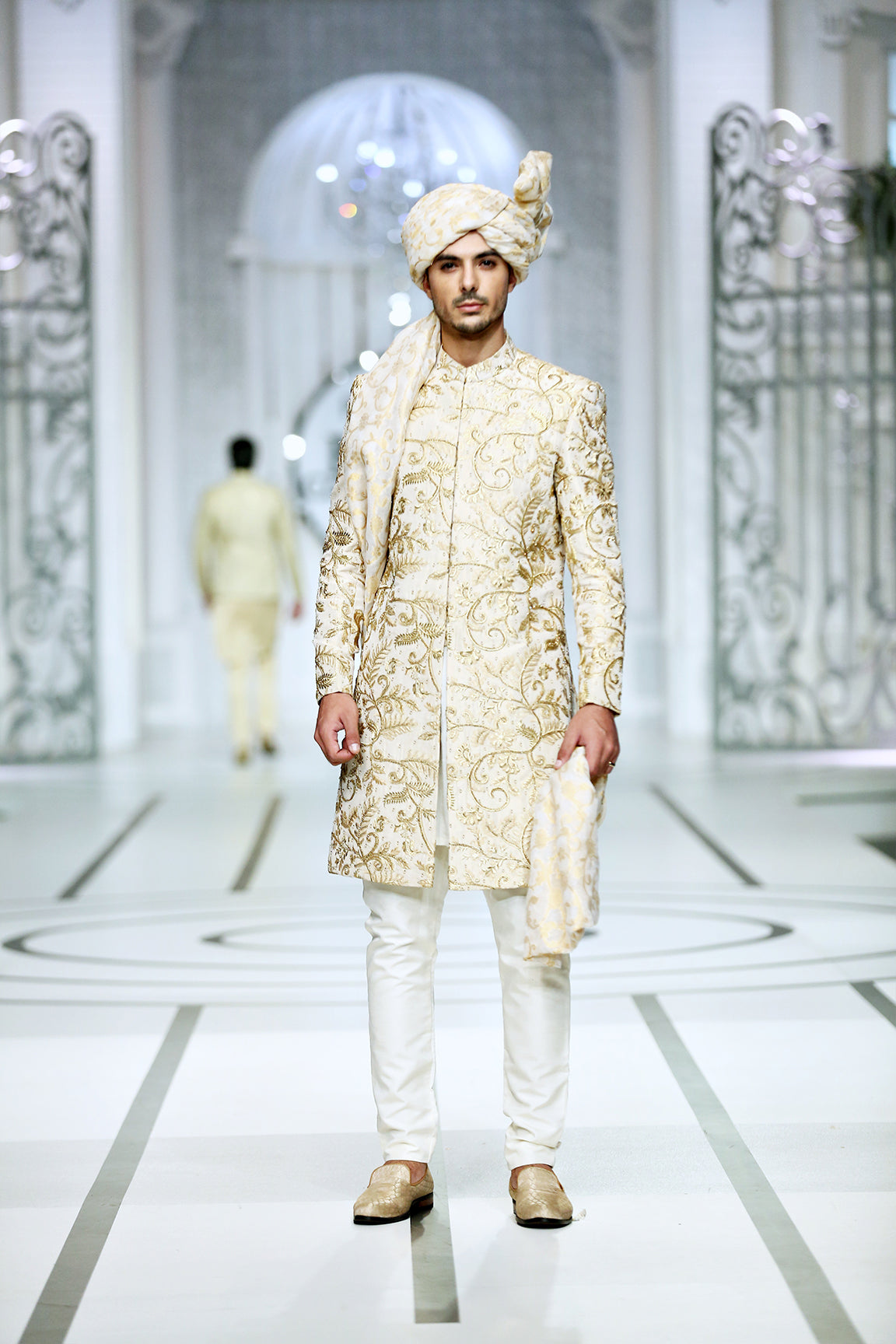 MC 554 Ivory Gold Sherwani - Mashal Couture