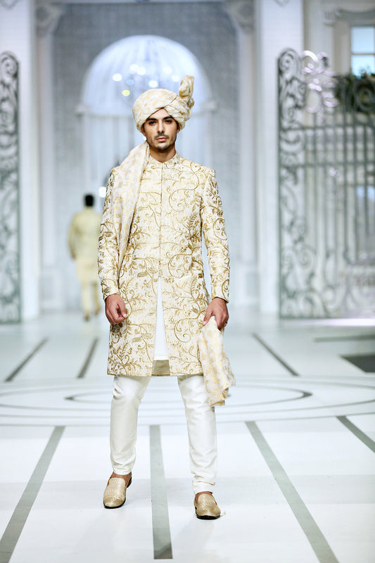 MC 554 Ivory Gold Sherwani - Mashal Couture