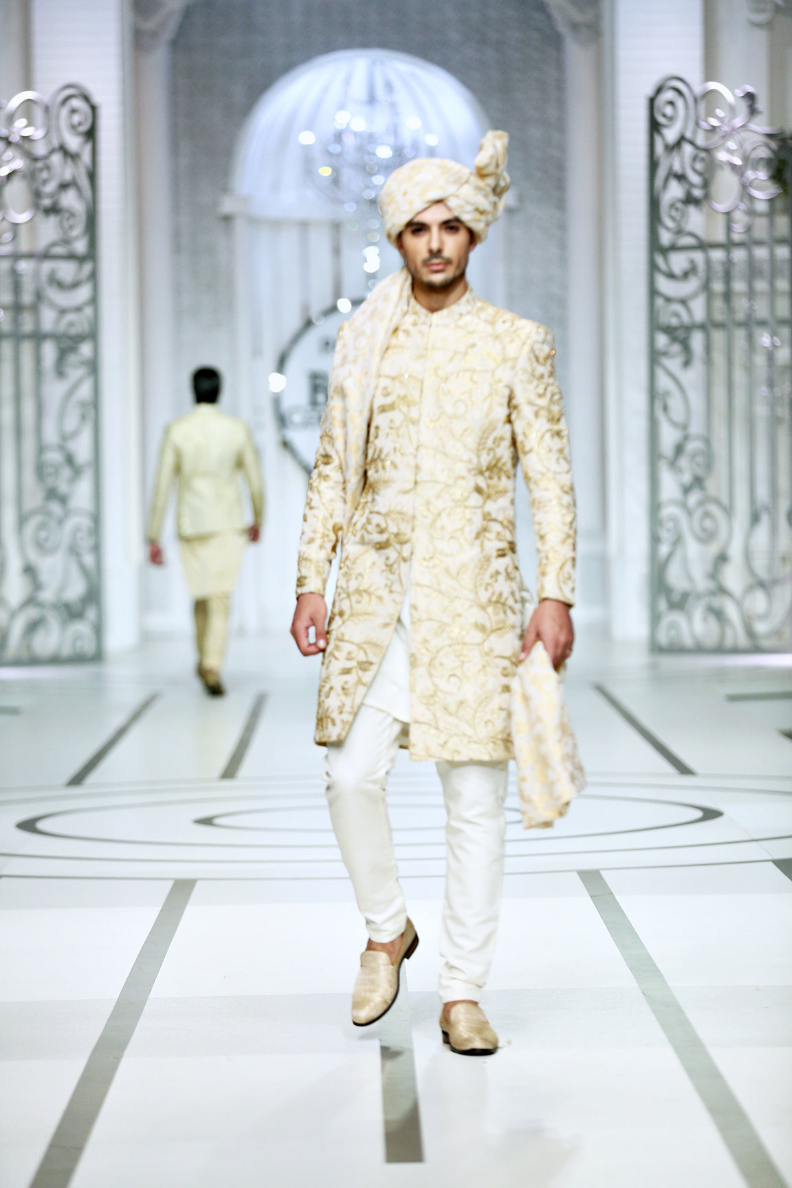 MC 554 Ivory Gold Sherwani - Mashal Couture