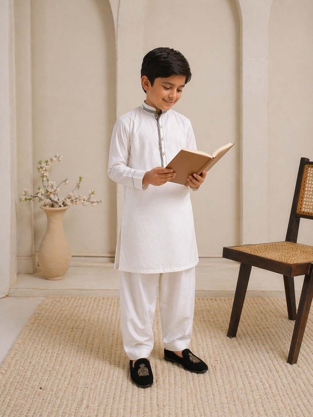 Young boy in a white traditional outfit reading a book in a room with a vase and chair.