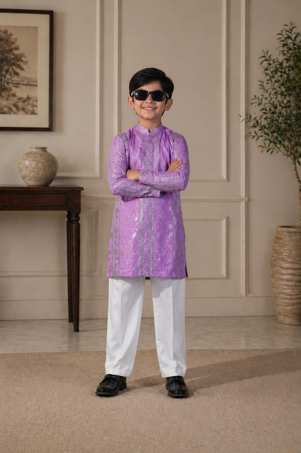 Kid wearing a purple kurta with white pants