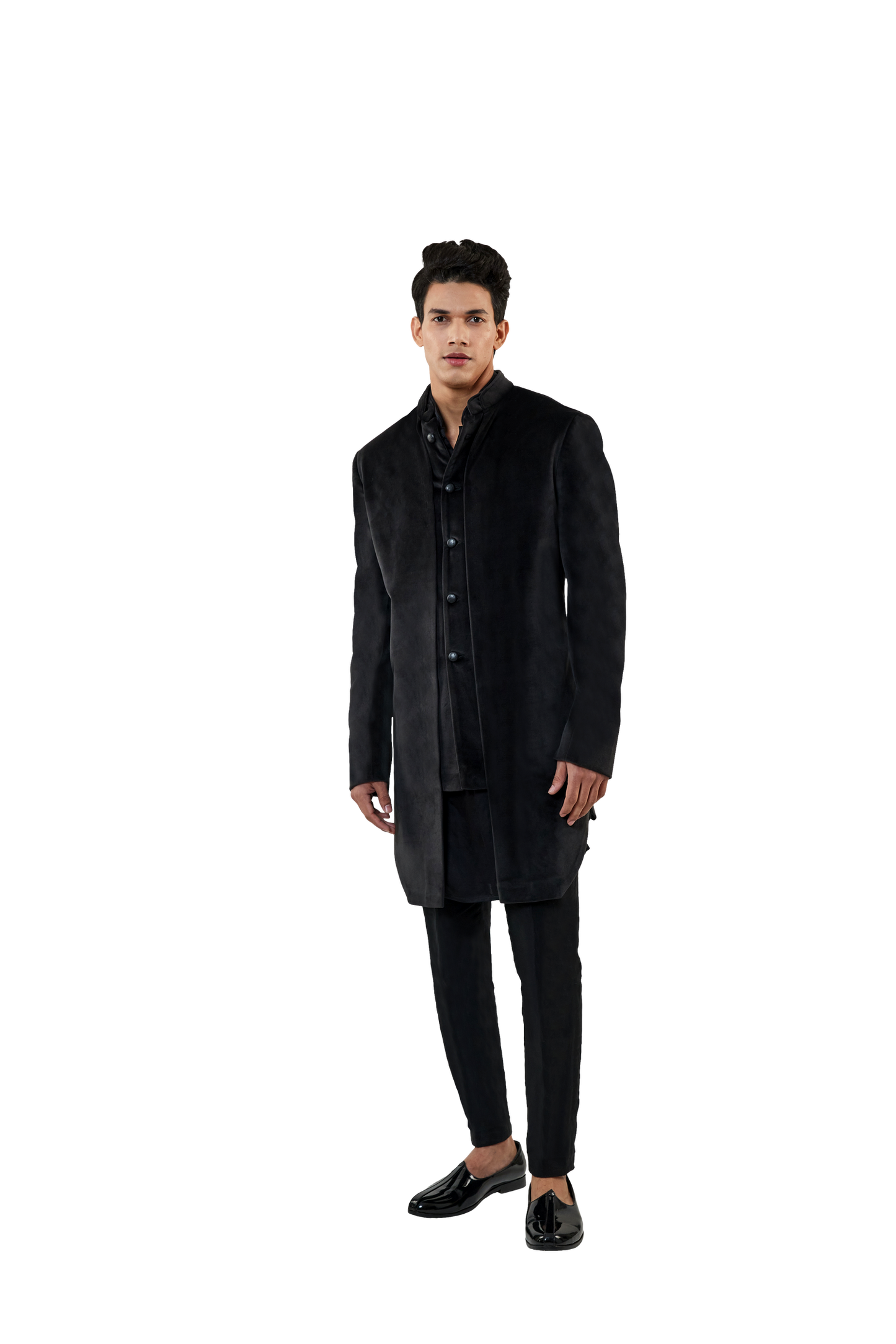 MC 518 Black Velvet Short Sherwani Complete Look - Mashal Couture